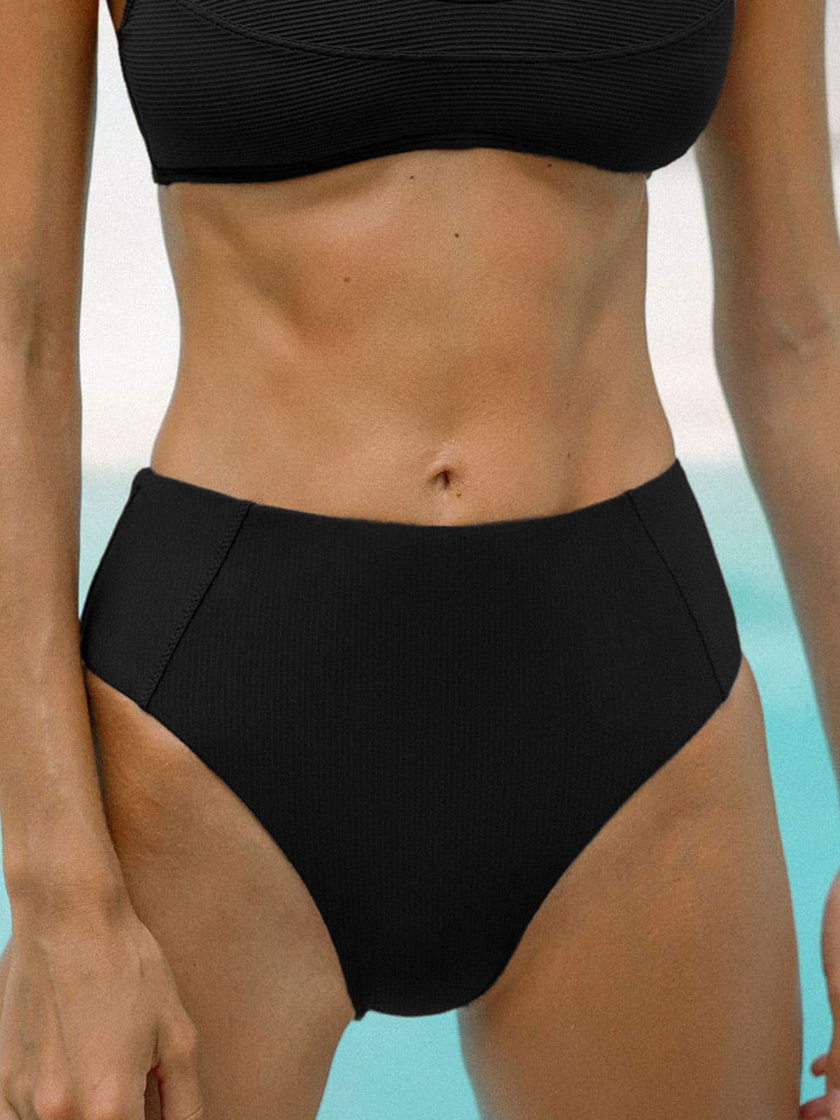 1023-bottom Black Ribbed Seam Full Coverage Bikini Bottom - Image 1