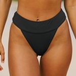 Black Ribbed High Cut Wide Waistband Bikini Bottom