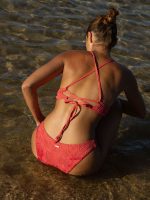 Red Jacquard U-Ring Cross Back Bikini Top - Image 3