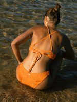 Orange Jacquard U-Ring Cross Back Bikini Top - Image 2